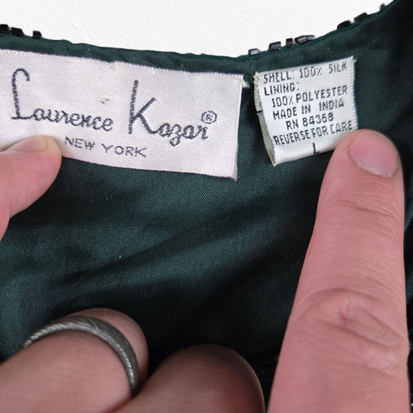 80s Vintage Green Black Silk Beaded Sequin Cropped Designer Jacket Size Large - Picture 4 of 9